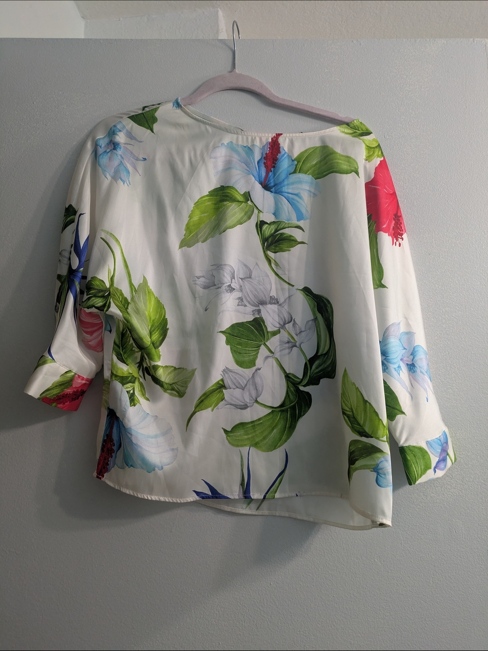 Zara White Floral Boatneck Top with Blue, Green & Pink Accents